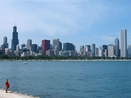 Chicago Skyline from Lake Michigan with lifeguard in forefront
