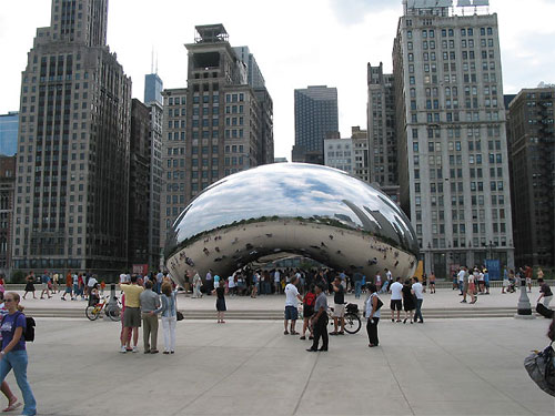 Cloud Gate at Millennium Park with Skyline in background