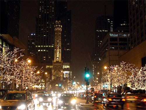 Cars and Christmas lights on Michigan Avenue