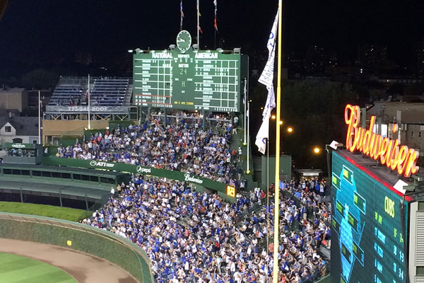 Wrigley Field looking at flag pole and scoreboard