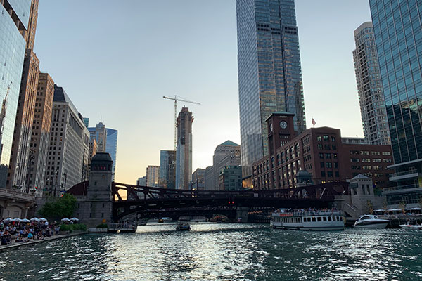 Looking West on Chicago River at dusk