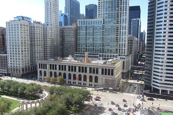 Cultural Center toward the skyline and Cloudgate