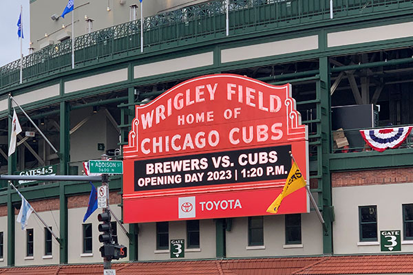 Wrigley Field Marque reads Brewers vs. Cubs Opening Day 2023 | 1:20 P.M.