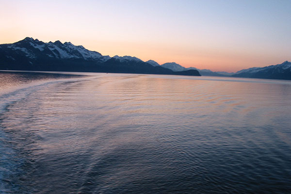 Sunset from back of cruise ship in Alaska