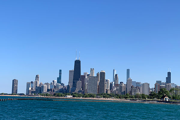 Chicago skyline beyond Lake Michigan