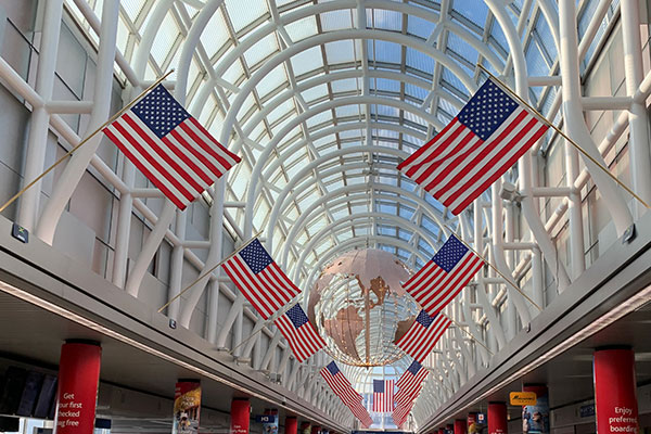 Flags over the walkway at O'Hare Airport