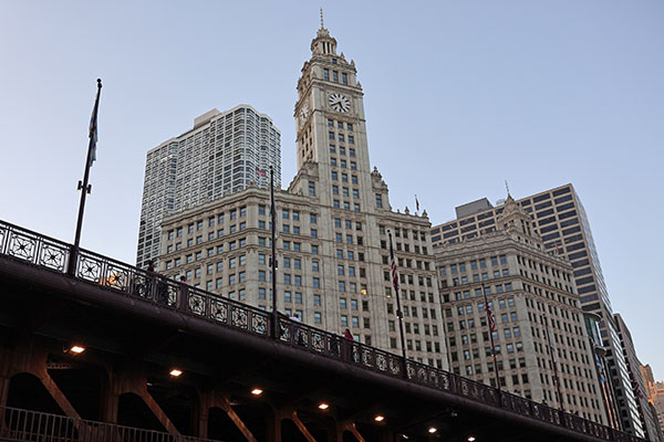 Wrigley Building beyond Michigan Avenue Bridge