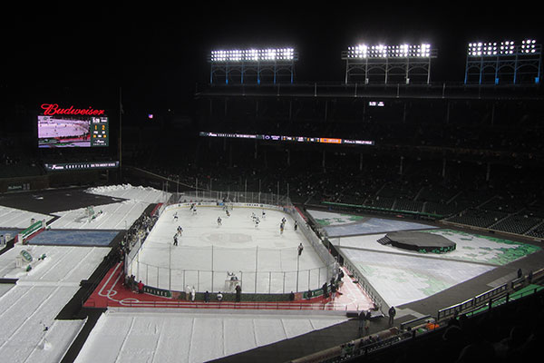 Ice rink on Wrigley Field as seen from the left field foul pole