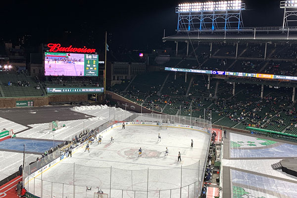 Video board beyond Ice rink on Wrigley Field