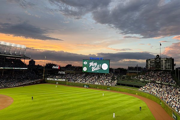 Video board reads Play Ball!