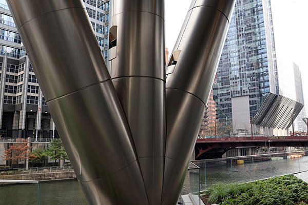 Building support columns South Branch of Chicago River in background