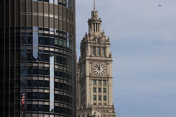 View of Wrigley View clock from Chicago River