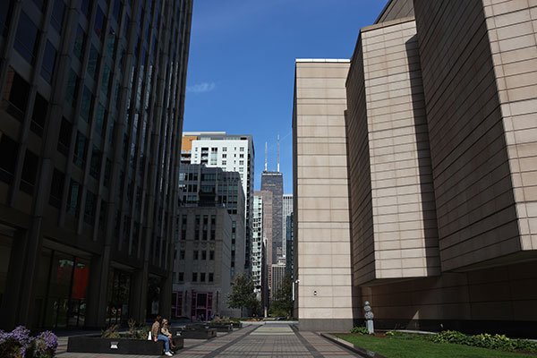 John Hancock Building between multiple buildings