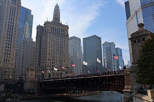 Flags flying on top of Michigan Avenue Bridge