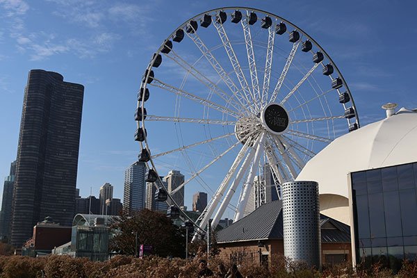 Ferris Wheel with skyline in background