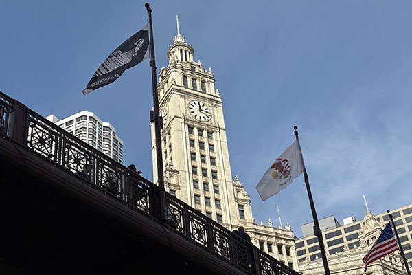 Wrigley Building in background of Michigan Avenue Bridge from Chicago River