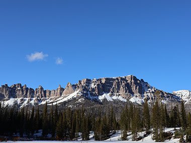 One cloud over Snow covered cliffs beyond trees