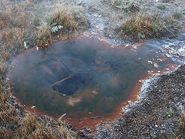 Clear water in pool with red sediment - Yellowstone National Park