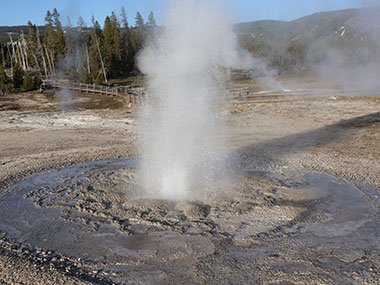 small geyser erupts in Yellowstone National Park