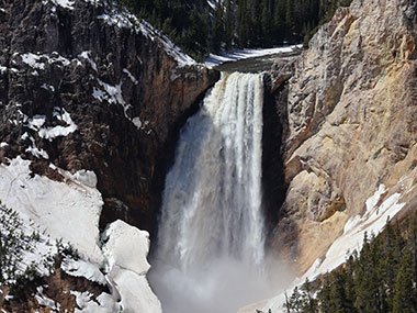Yellowstone National Park Lower Falls with snow by side