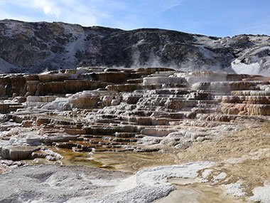 Mammoth Hot Springs steam rises - Yellowstone National Park