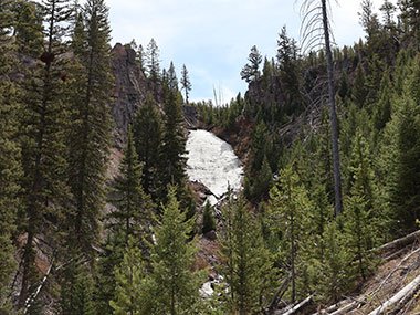 Yellowstone National Park waterfall flows in distance
