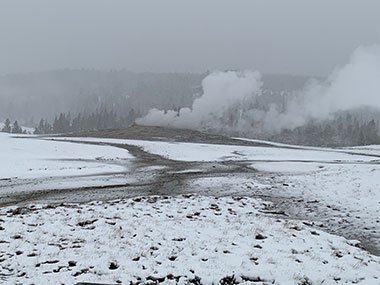 Geyser basin during snow at Yellowstone National Park