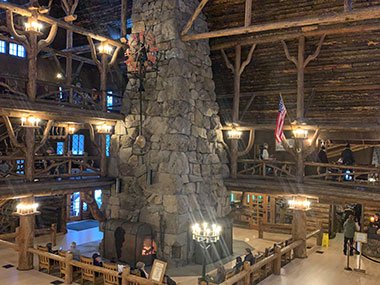 Grand fireplace at Old Faithful Lodge in Yellowstone National Park