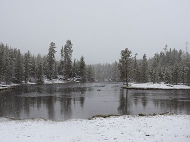 Yellowstone National Park river during snow shower