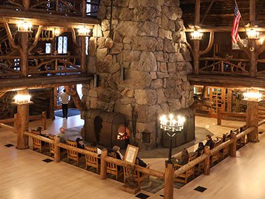 Old Faithful Lodge exterior while it snows