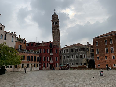 Square with tower in background