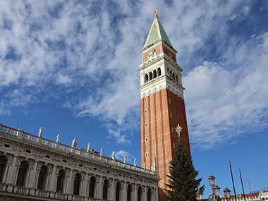 St. Mark's Bell Tower with Christmas tree in front of it