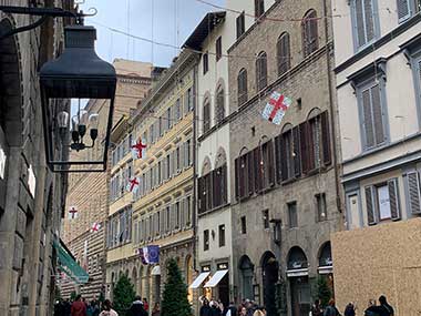 Christmas decorations line the street