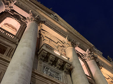 Closeup of balcony at night - St. Peter's Basilica