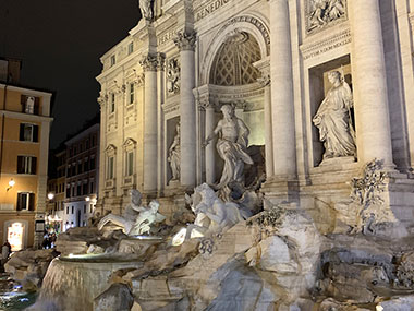 Closeup of Trevi Fountain in evening