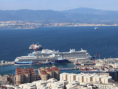 View of cruise ship in port