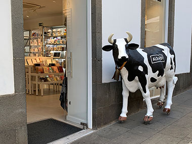 Cow statue in front of store