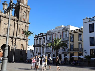 People walking in town square