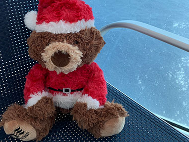 Santa teddy bear sitting on balcony
