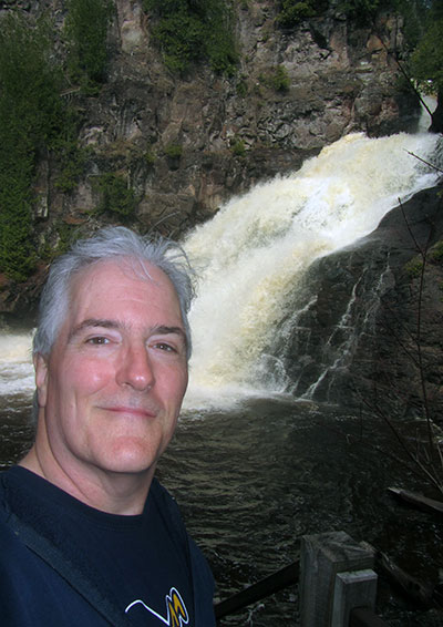 Pat in front of Caribou Falls from lower platform