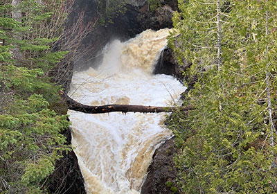 Cascade River Water Fall rushes past a tree across the river