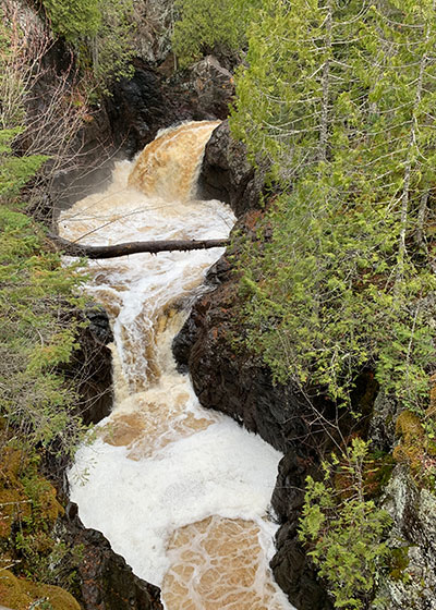 Log sits over waterfall