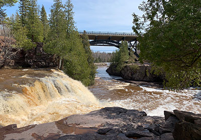 rocks, waterfall, bridge and lake