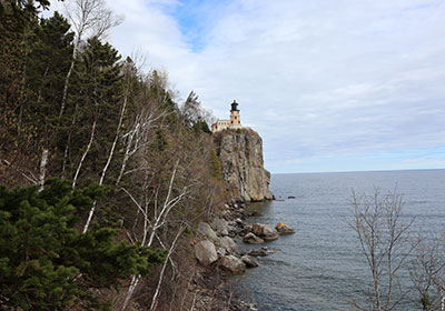 Lighthouse with lake to right