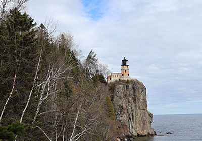 Lighthouse beyond white trees