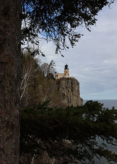 Lighthouse from between branches on a tree