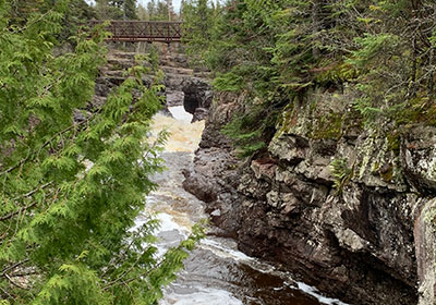 Bridge acroos river behind trees