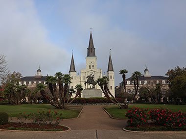 St. Louis Cathedral and Jackson Square from across the street from the park