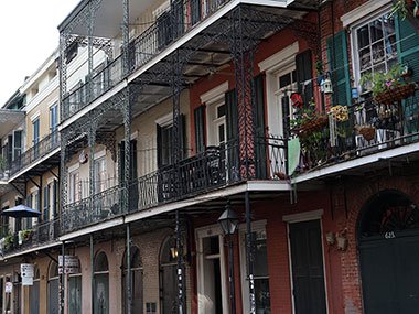 Balconies spread across several buildings