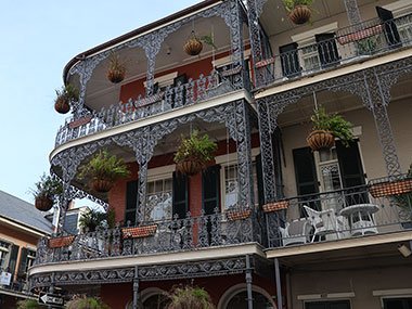 Ferns hang from balcony
